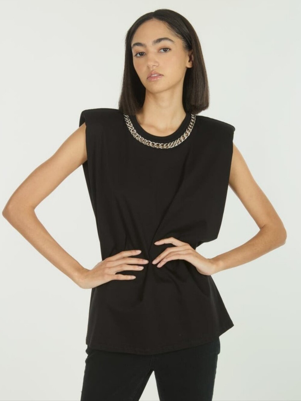 Secret Mission Roxanne Top in black, padded shoulders and Chain Neck Size M New